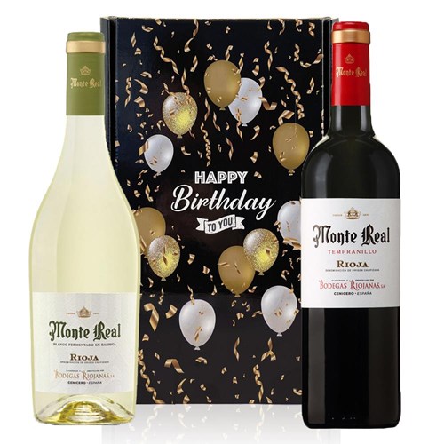 Mixed Monte Real Red & White Spanish Wine Happy Birthday Wine Duo Gift Box